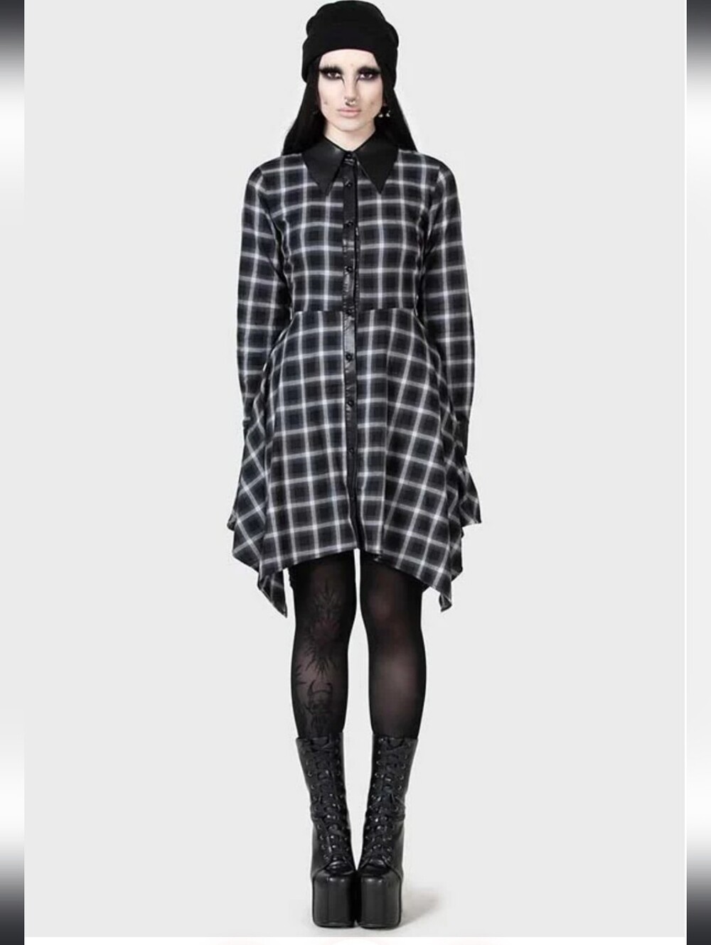 Killstar Black & White Plaid Long Sleeve Handkerchief Hem Dress